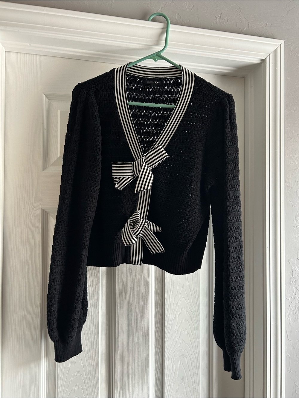 Papermoon Black Knit Cardigan with Black-and-White Striped Bow Trim